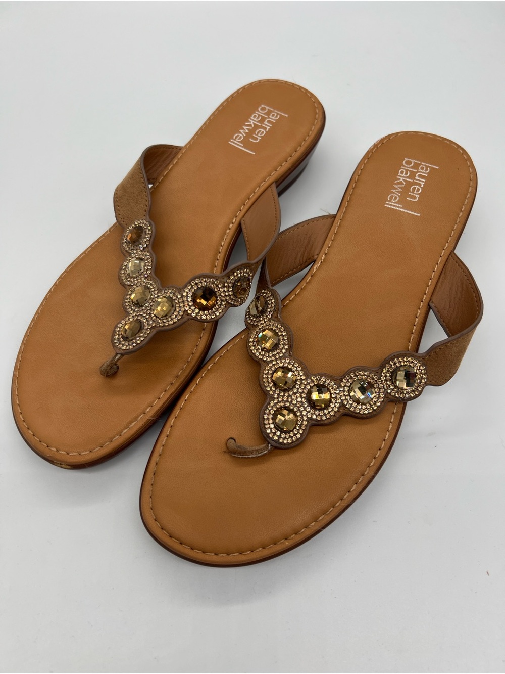 Lauren Blakwell women’s Tan Embellished Leather Thong Sandals